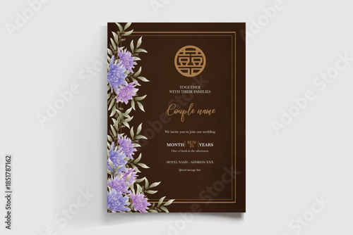 WEDDING INVITATION FRAME WITH FLOWER DECORATIONS AND FRESH LEAVES