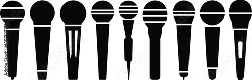 Microphone silhouette vector set, black audio icons, studio, vintage, broadcast, podcast, music, sound recording, voice equipment, minimal design
