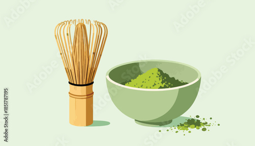 Whisk and bowl of green powder with scattered particles