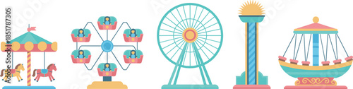 Amusement park rides vector set, carousel, Ferris wheel, drop tower, pirate ship, colorful attraction illustration, funfair elements, entertainment concept