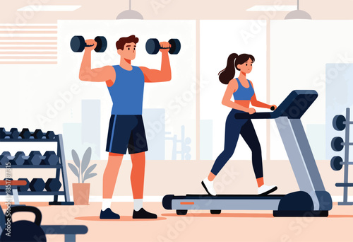 Man lifts dumbbells while woman runs on treadmill in a gym