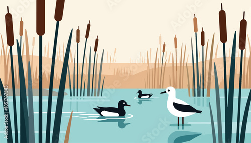 Three stylized birds swim in calm water surrounded by cattails and reeds