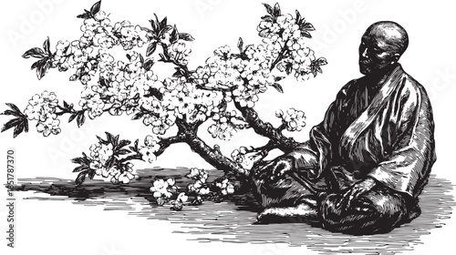 Bonsai tree with flowers and a man sitting in meditation. Black and white vector illustration capturing traditional culture and serenity in nature.