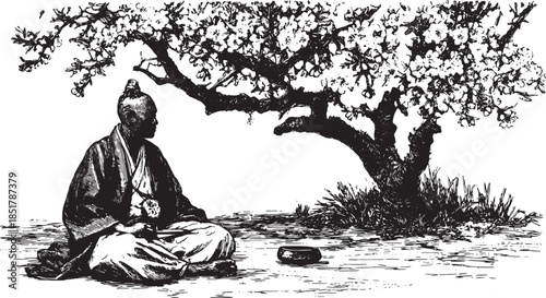 Monk sitting under a blossoming sakura tree. Black and white vector illustration depicting a serene, peaceful meditative scene in nature.