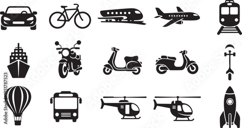 Black transportation vehicle icon set