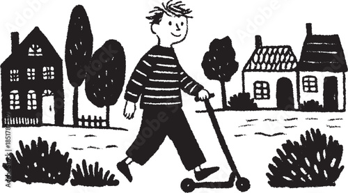 Boy riding a scooter in a simple outdoor scene. Black and white vector illustration featuring houses and trees.