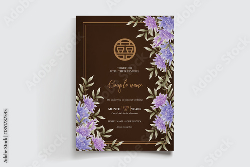 WEDDING INVITATION FRAME WITH FLOWER DECORATIONS AND FRESH LEAVES