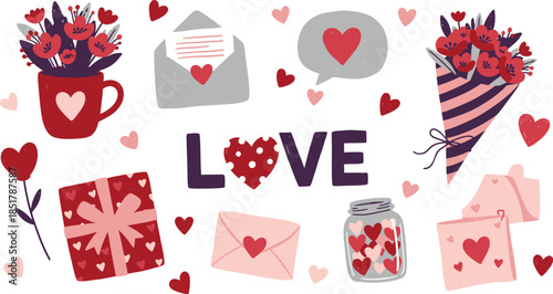 Valentine s day themed icons and symbols in red and pink hues