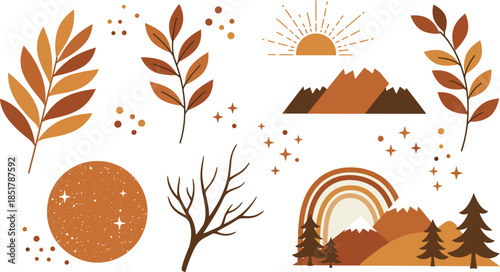 Autumn landscape with mountains trees rainbow and sun at sunrise