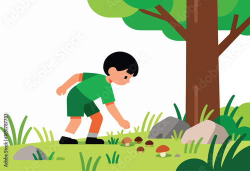 Child picking mushrooms under a tree in a grassy area