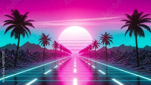 Retro Futuristic Highway with Palm Trees at Sunset.