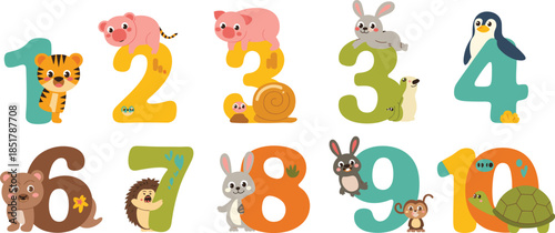 Cartoon numbers with animals, educational vector for kids, colorful digits 1 to 10, tiger, pig, rabbit, monkey, turtle, snail