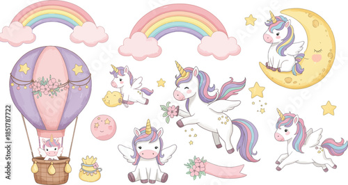 Unicorns and hot air balloons in a whimsical fantasy world with rainbows