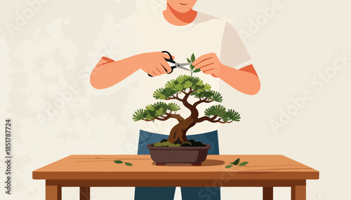 Person trims a bonsai tree with scissors on a wooden table