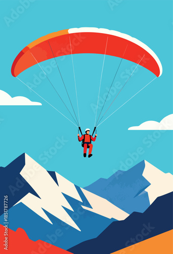Person paragliding in a vibrant mountain landscape with a clear blue sky