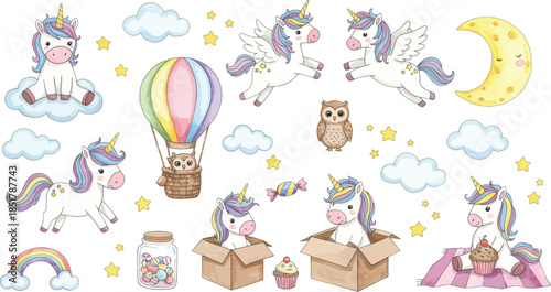 Whimsical illustration of owls in various scenes with hot air balloon