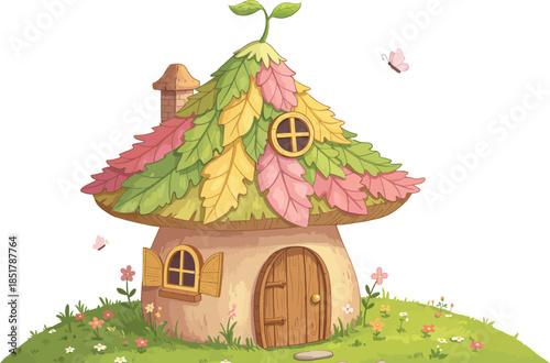 Whimsical fairy tale house with colorful roof and green hill