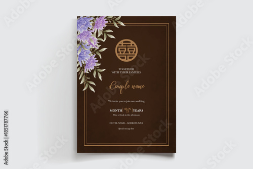WEDDING INVITATION FRAME WITH FLOWER DECORATIONS AND FRESH LEAVES