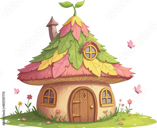 Whimsical mushroom house with colorful roof and garden