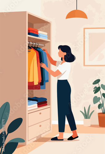 Woman tidies clothes in a wardrobe with plants in the background