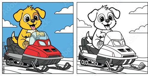 Cute cartoon puppy dog riding a red snowmobile coloring page. Vector illustration of a happy animal driver on a sled in winter. Black and white outline and colored version for kids activity.