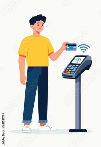 Man holding credit card near contactless payment terminal