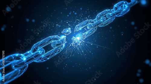 blue chain breaking apart with sparks flying off into a dark background