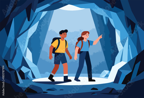 Two explorers venture into a glowing, crystal-filled cave