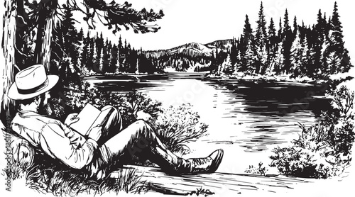 Man reading a book by a lake in a forest. Black and white vector illustration capturing a peaceful outdoor scene.