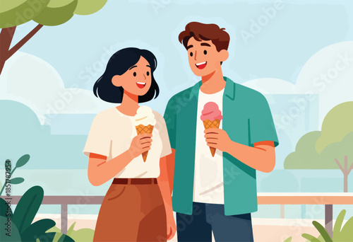 Couple smiling and enjoying ice cream cones outdoors with trees and sky