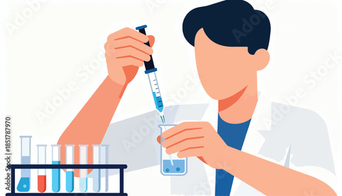 Scientist in lab coat uses pipette to drop liquid into beaker with test tubes nearby
