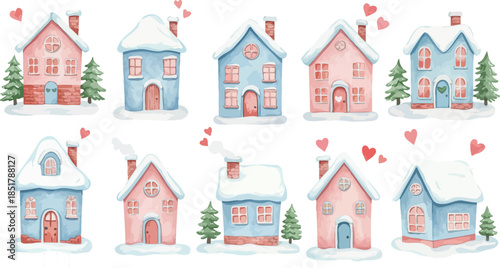 Whimsical watercolor winter houses with snow and evergreen trees