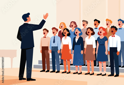 Conductor directs diverse choir singing joyfully in formation