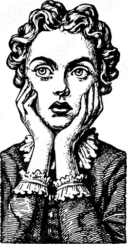 Vintage portrait of a thoughtful woman in a detailed engraving style. Black and white vector illustration with expressive features and classic clothing.