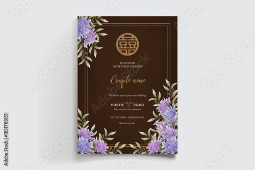 WEDDING INVITATION FRAME WITH FLOWER DECORATIONS AND FRESH LEAVES