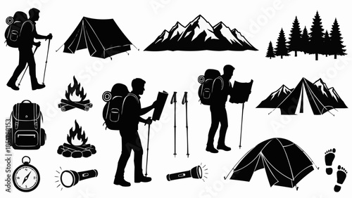 Camping and Hiking Adventure Gear and Silhouettes.
