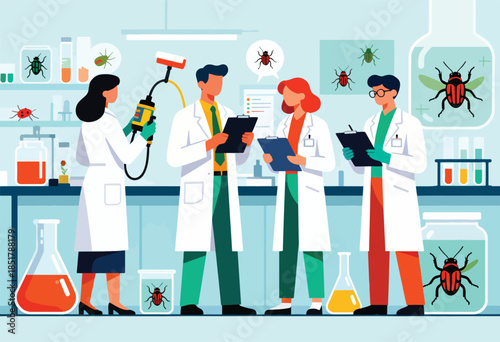 Four scientists in lab coats examine insects and liquids in a laboratory