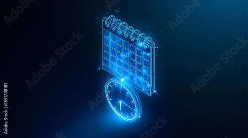 Glowing blue calendar and clock on dark background
