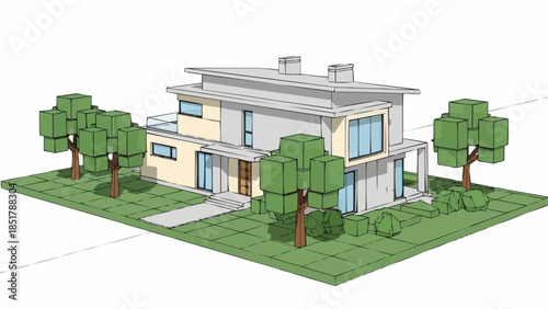 Modern Two Story House with Green Landscaping and Trees.