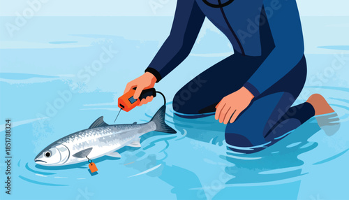 Person in wetsuit tags a fish in clear blue water with an electronic device