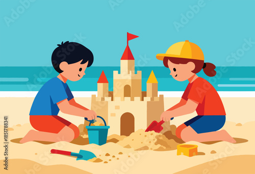 Children building a sandcastle on a beach near the ocean