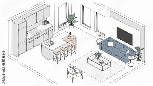 Modern open plan kitchen and living room interior design sketch.