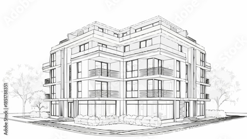 Modern Apartment Building Architectural Sketch.