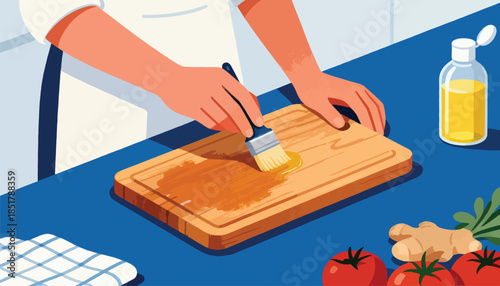 Hands oiling a wooden cutting board with ingredients nearby