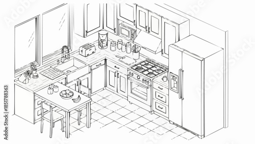 Sketch of a Compact Kitchen Layout with Appliances and Furniture.
