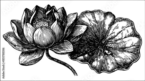 Vintage black and white outline illustration of a lotus flower and leaf. This detailed vector set captures the botanical essence in a classic style.