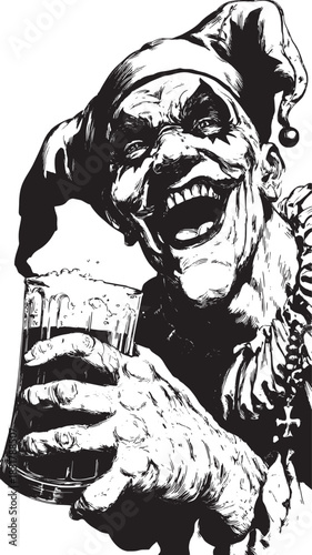 Clown character with laughter holding a beer mug in a black and white vector illustration. The design showcases a playful style for event themes.