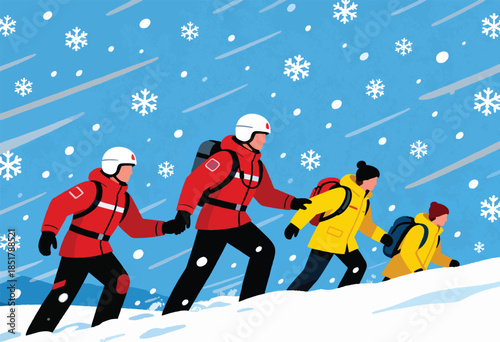 Rescue team guides people through a snowy mountain landscape