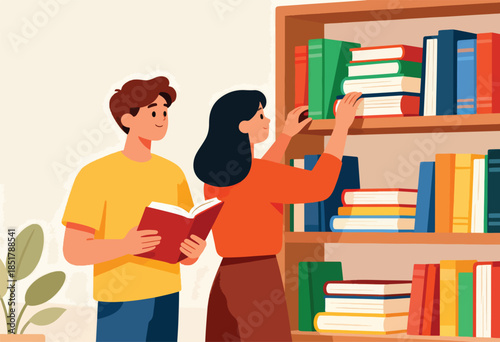 Young people browse a bookshelf, one reading a book, the other selecting one
