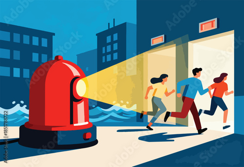 Red beacon flashes, illuminating fleeing people from rising water and dark buildings